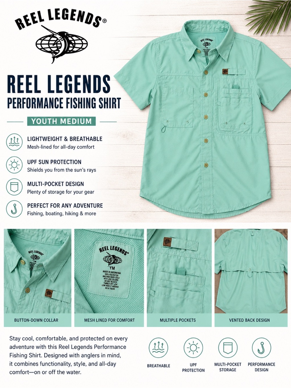 Reel Legends Mint Green Youth Short-Sleeve Performance Button-Down Shirt Medium